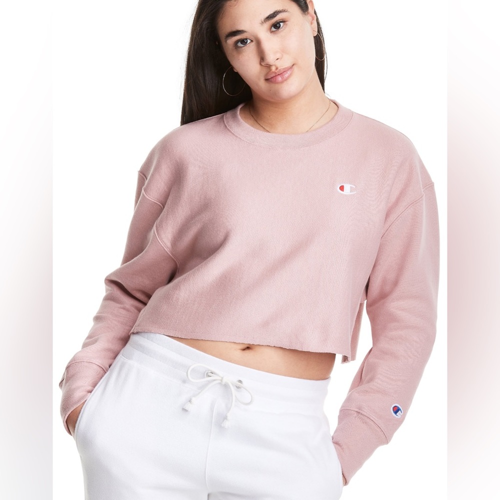 🌻HP🌻Champion XS Pink/Beige Reverse Weave Cropped Cut-Off Crew